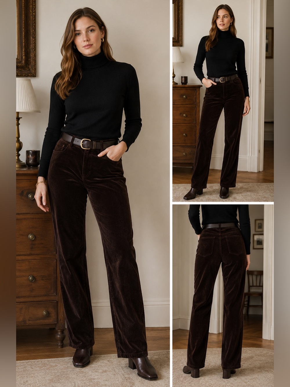 Chocolate Brown Velvet Straight Leg Pants Quiet Luxury Classic 10 Chaps